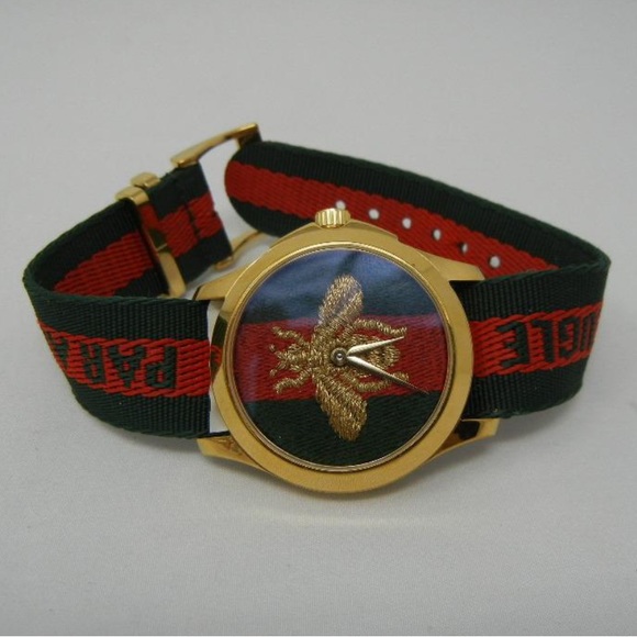 Gucci Watch, Bee, Yellow Plated Stainless Steel Round Green & Red Fly Nylon Dial - Picture 4 of 4